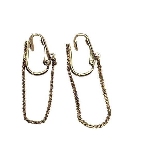 Vintage Sarah Coventry Signed Chain Hoop Drop Clip On Earrings Gold Tone Dainty - Picture 4 of 8